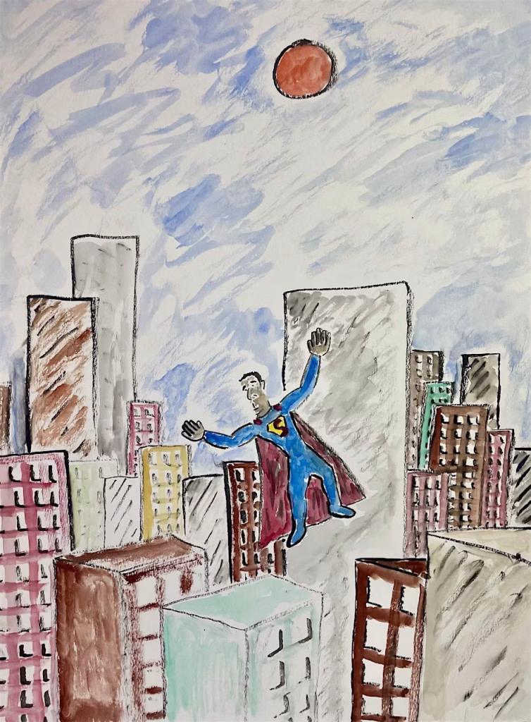 Promotional image for Hospitality House's "Holding Ground" exhibition at KQED in San Francisco, featuring a Superman artwork, as seen in the SF Art Guide.