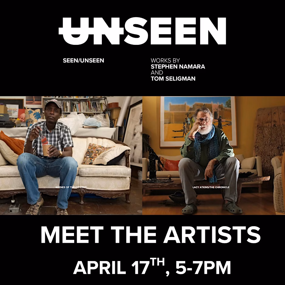 Promotional poster for Meet the Artists: Stephen Namara & Tom Seligman event at The Drawing Room: Annex in San Francisco, featured in the SF Art Guide.