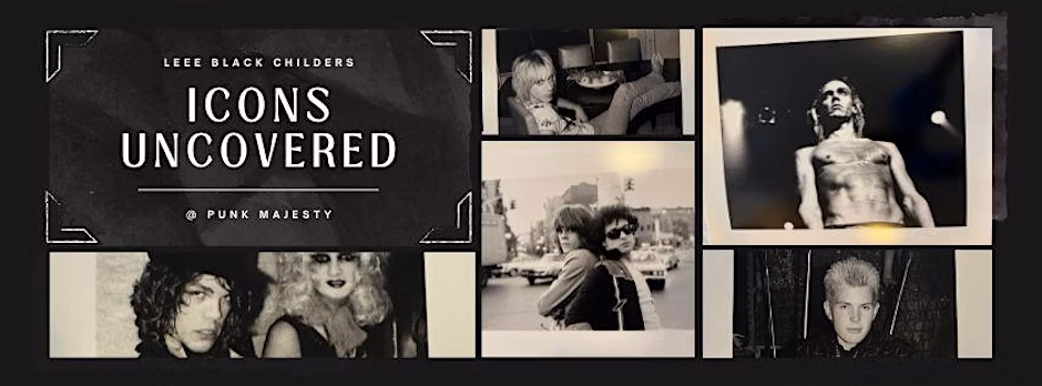 Promotional banner for "Icons Uncovered" by Leee Black Childers at Punk Majesty Fashion & Art Showroom in San Francisco, featured in the SF Art Guide.